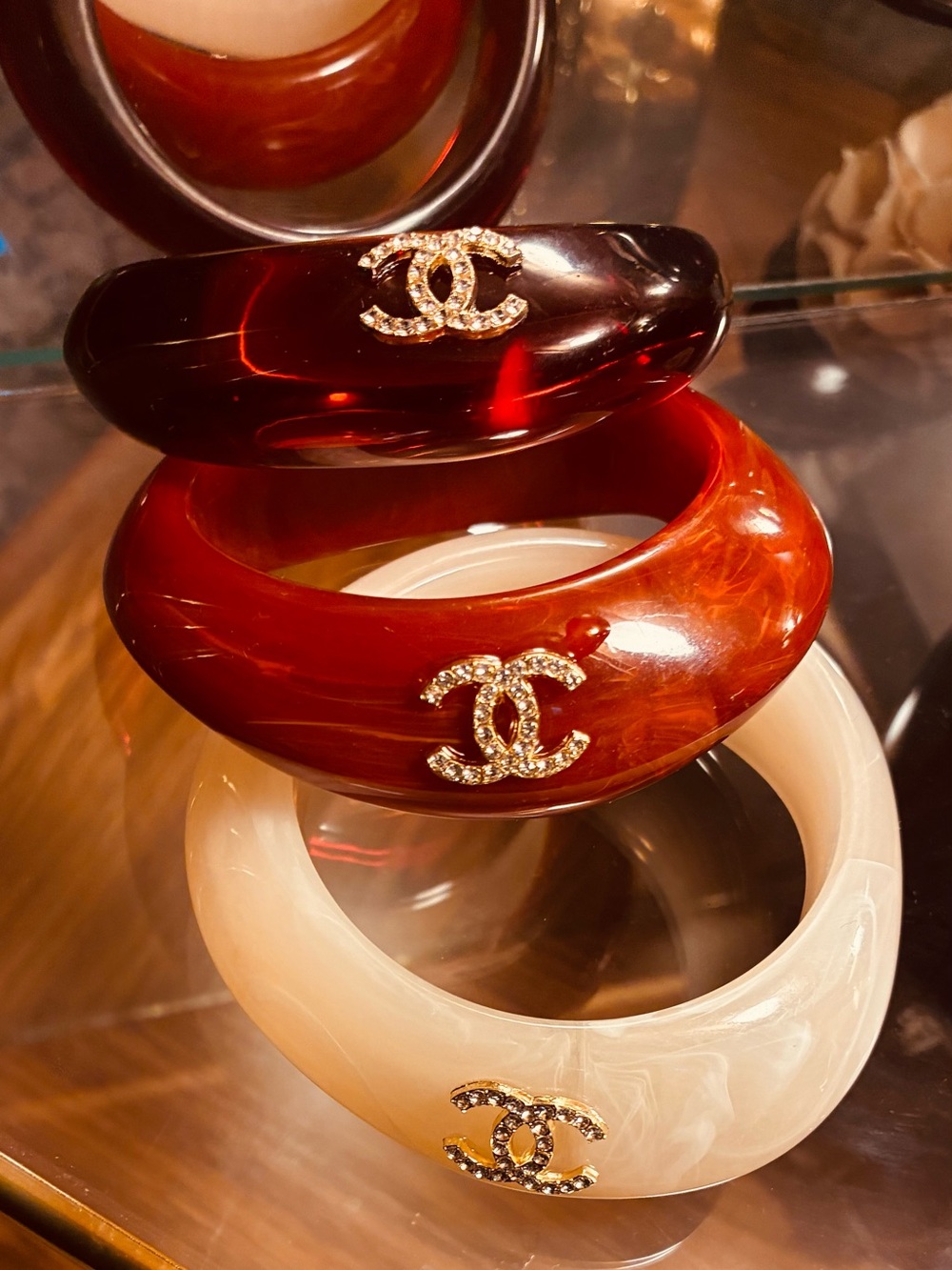 CHANEL Resin CC Logo Bangle Trio in Red